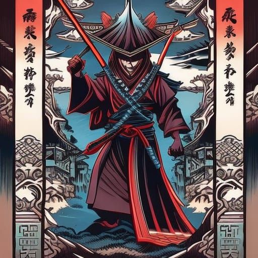 rat samurai in style of Hokusai