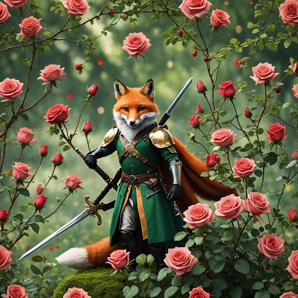 Roses, fox, queen, sword, green