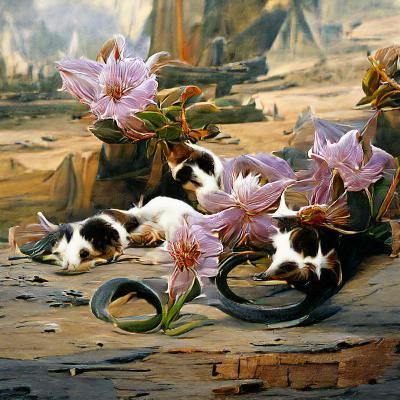 Cat Surrounded by Flowers in Oil Painting