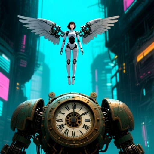 Close up of a solitary figure, a female robot with mechanical wings, floats above a colossal, ancient clockwork automaton in the style of Ka...