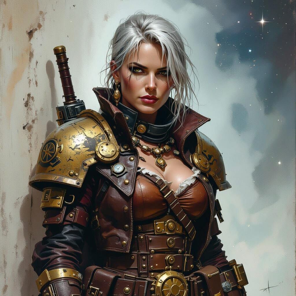 A grimy, weathered portrait of a 40k rogue trader, inspired by the Warhammer 40k universe, female