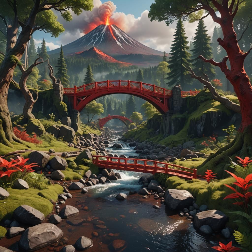 a bubbling brook with a red bridge in a forest with a volcan...