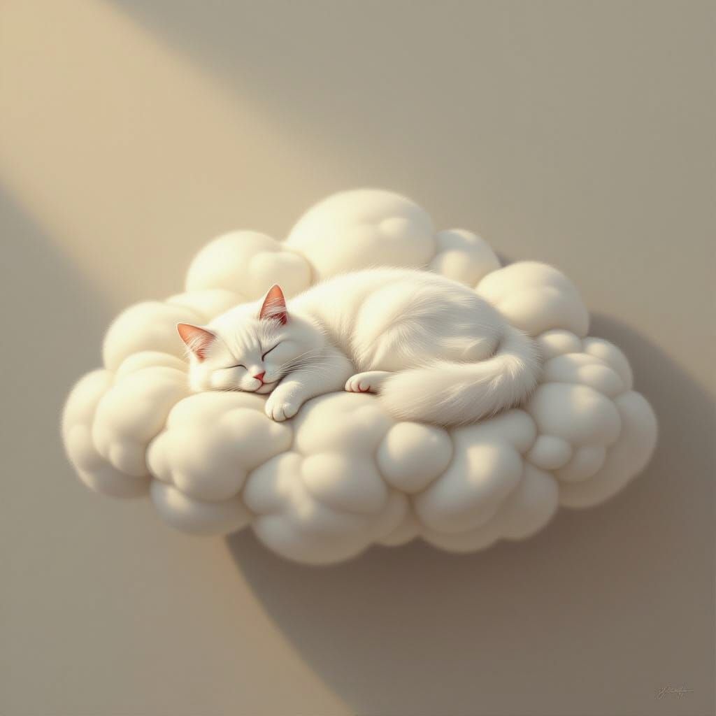 Fluffy Cat Sleeps on Dreamy Cloud Cushion