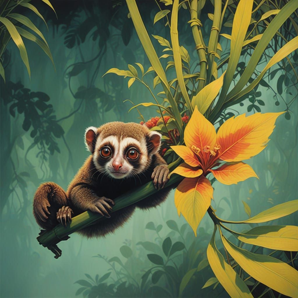 slow-loris emerging from vibrant abstract-jungle-plants

dark-chiaroscuro

profound clever award winning photography with emphasis on a Piec...