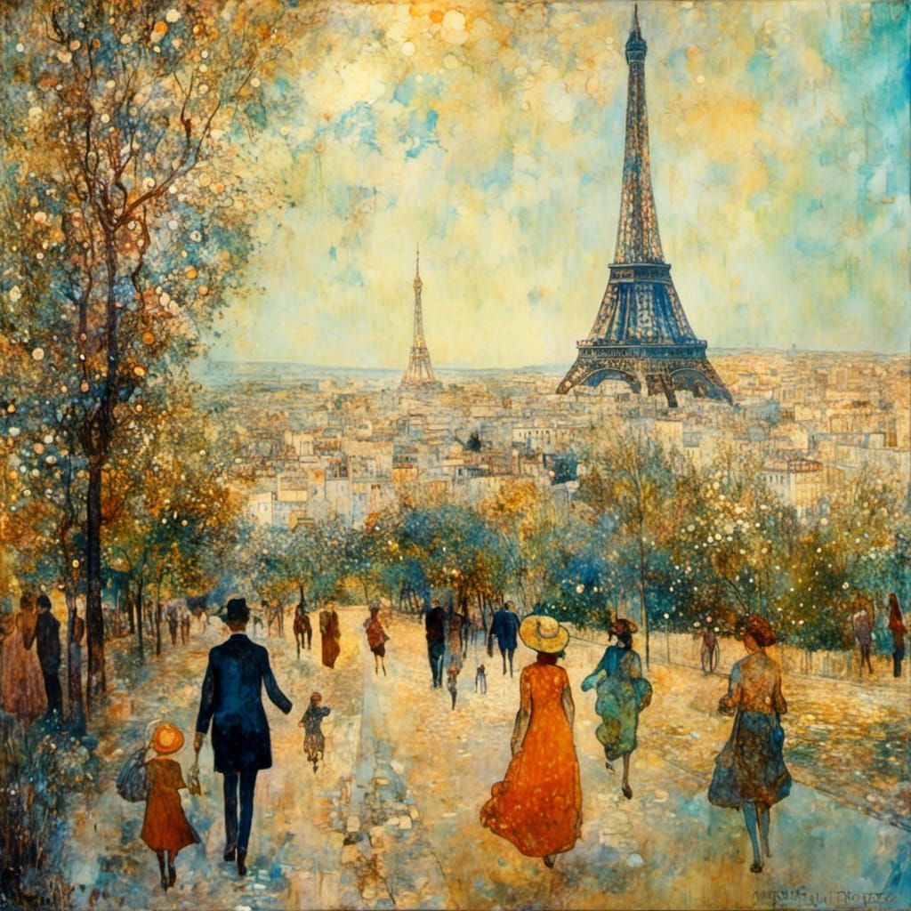 <lora:LandscapeAXL:1.0>  Paris quarter Eiffel tower people colorful vibrant bold color sunny day