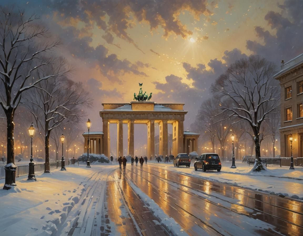 Winter berlin brandenburg gate , Christmas night , snow, dark and Light,Thomas Kinkade style, Oil Painting by James Gurney, Christmas night...