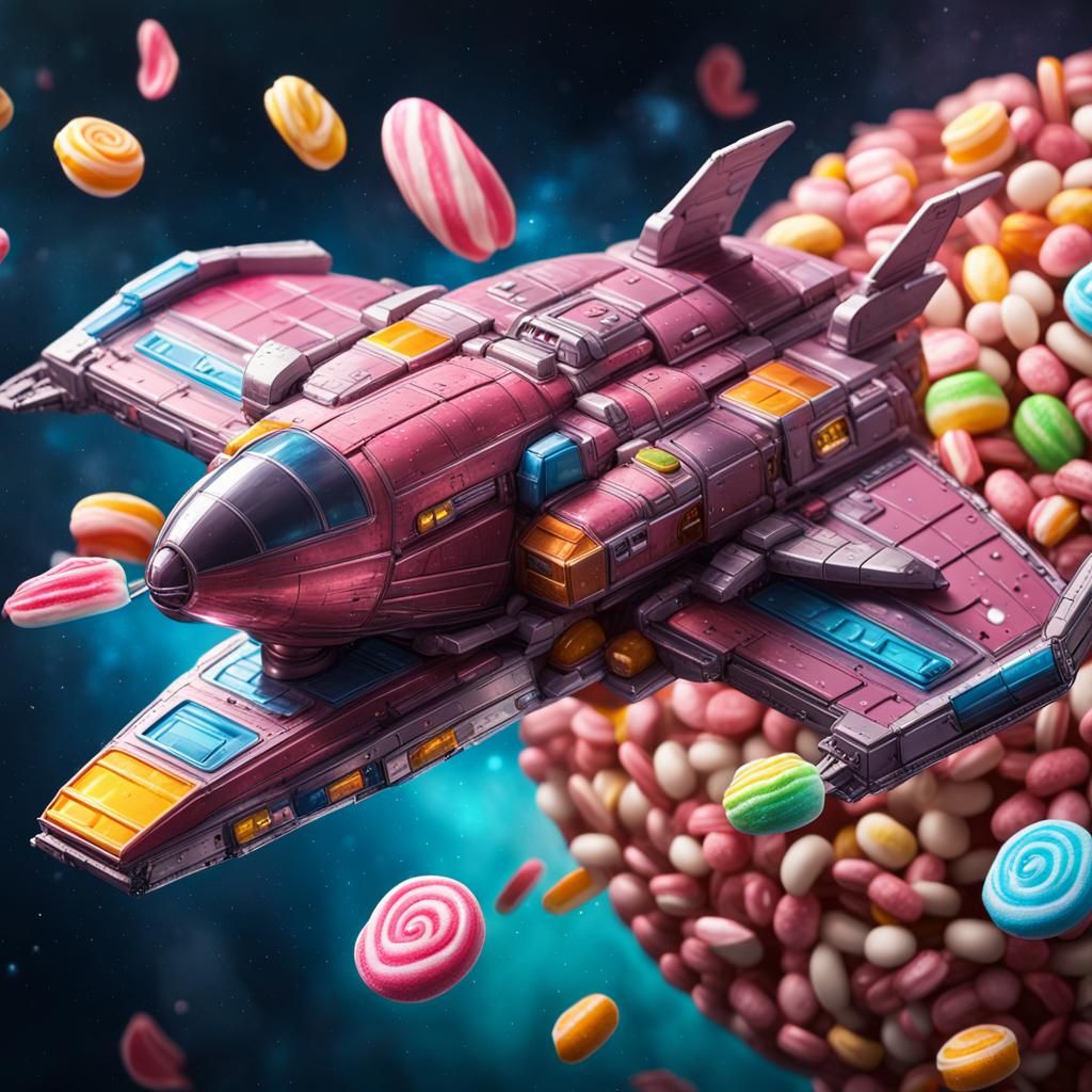  starship fleet made of candy and sweets, candy starships and chocolate space fighters, candy space battle