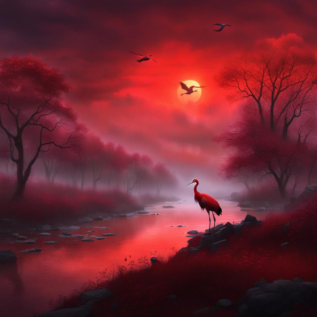 Red sky above. The red foggy mist rose over the river bank, yet, vaguely through the mist, an a single ...  by @D0npen