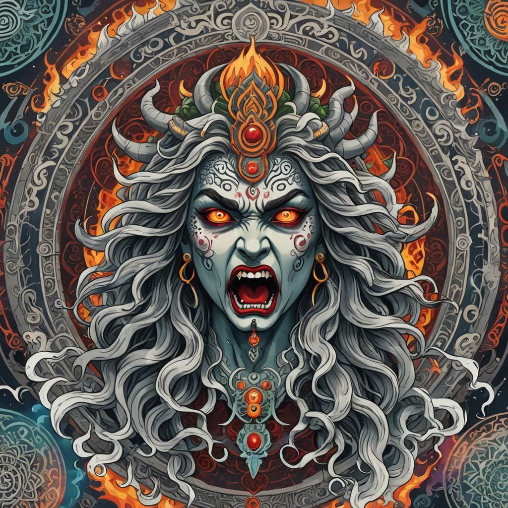 Angry face, Goddess Hindu of destruction, third eye, fangs, ...