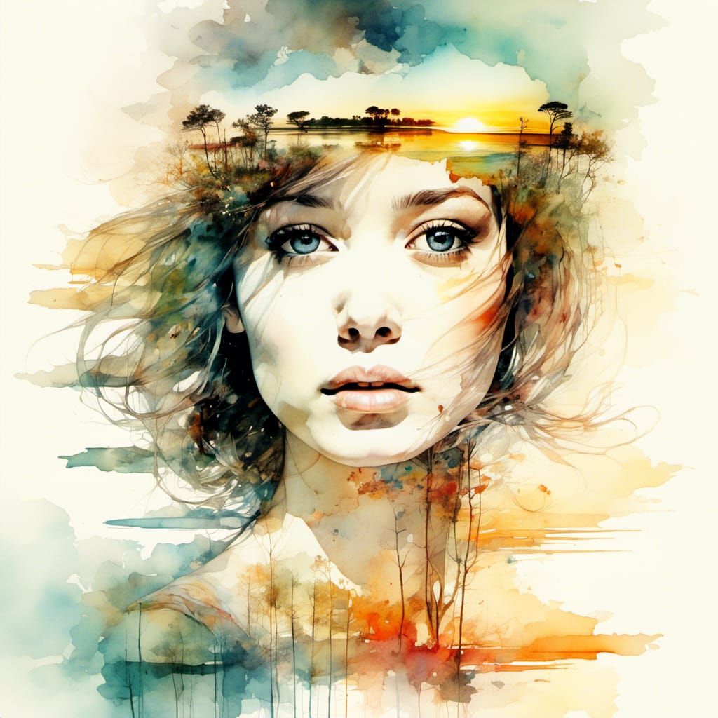 Sunset Summerscape in Reflected Watercolor Illustration