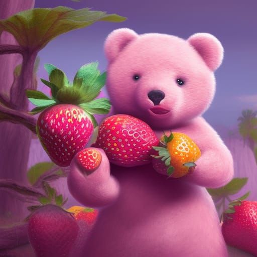 a pink bear eating a big strawberry