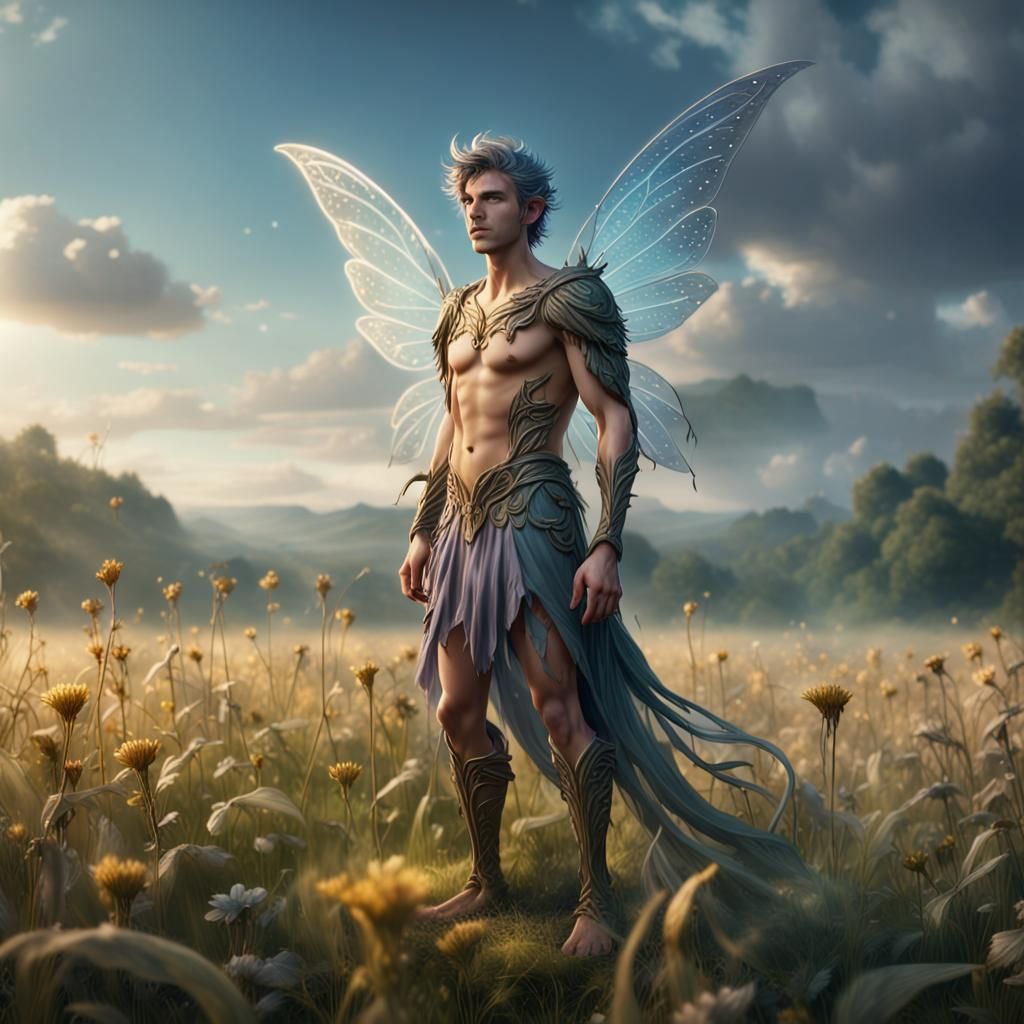 A male fairy standing in a field
