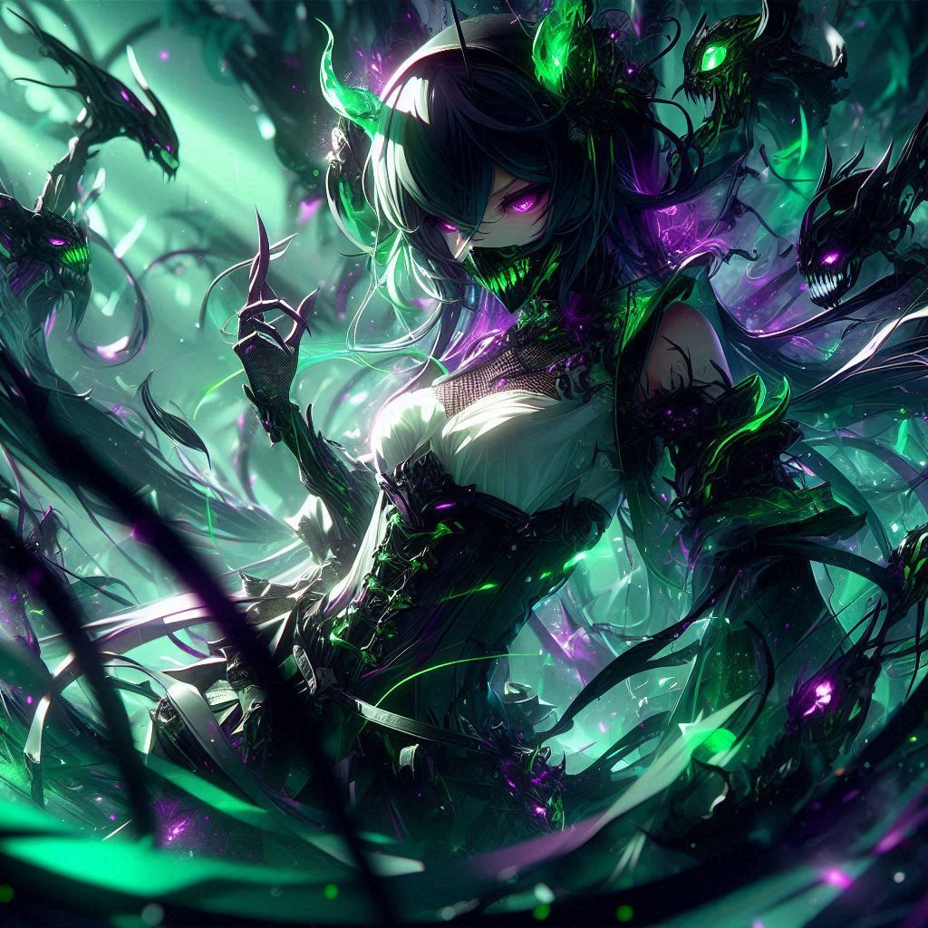 Dark green assassin anime woman
