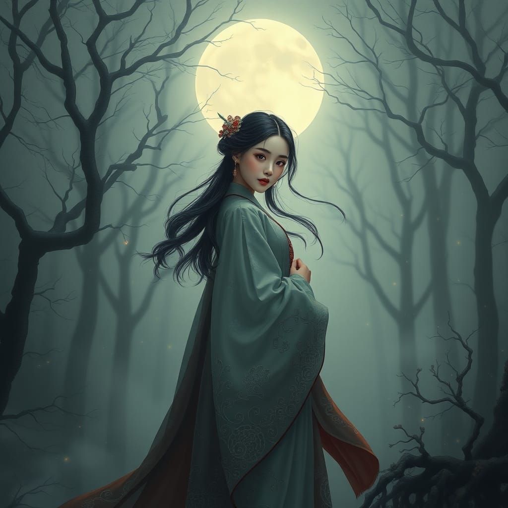 Enigmatic Woman Beckoned by Moonlit Forest