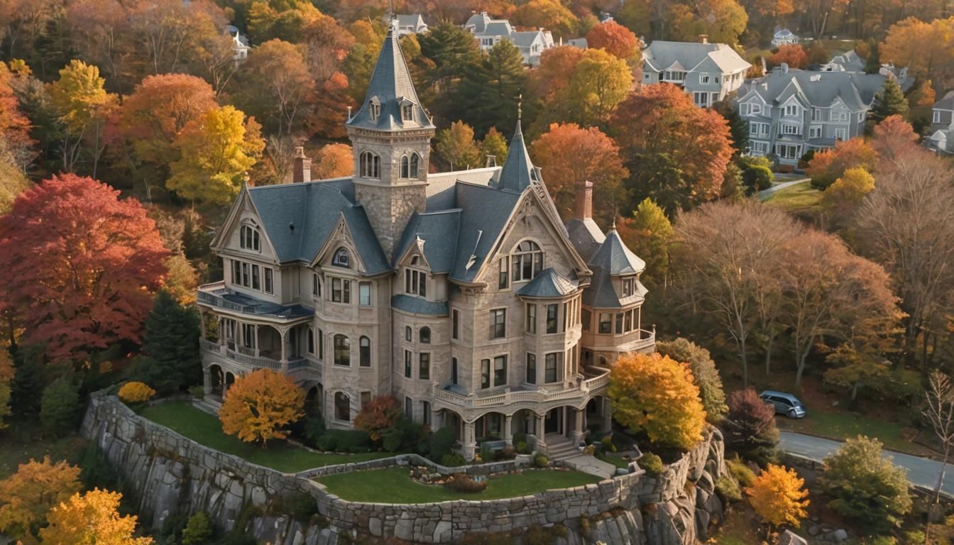 old Victorian two story stone mansion with a flying buttress...