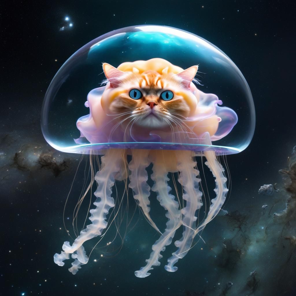Jellyfish cat hybrid, floating in space AI Generated Artwork
