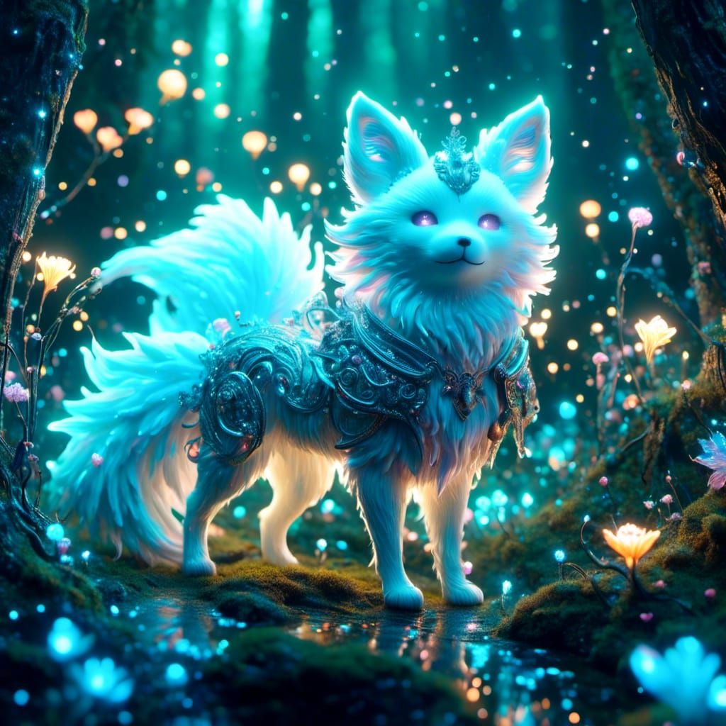<lora:glow:1.0> glowing kitsune in a bioluminiscent forest, hd, hyperrealistic, highly intricately detailed 