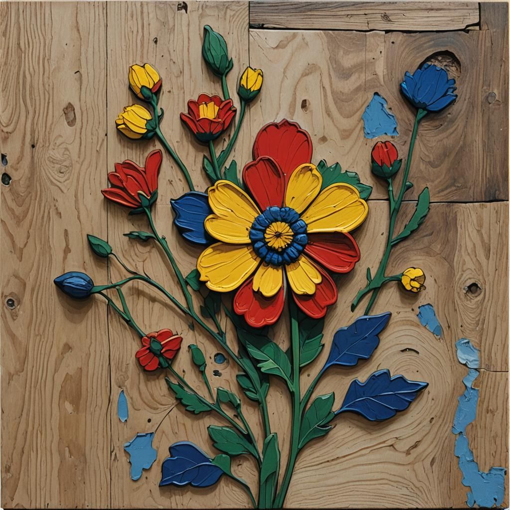 Primary Colour block flower wood cut