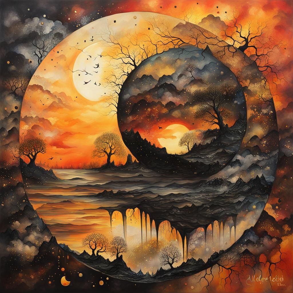 double exposure detailed sunset painting, surrealism mail art, detailed oil Rococo masterpiece, fairytale, ...  by @EB