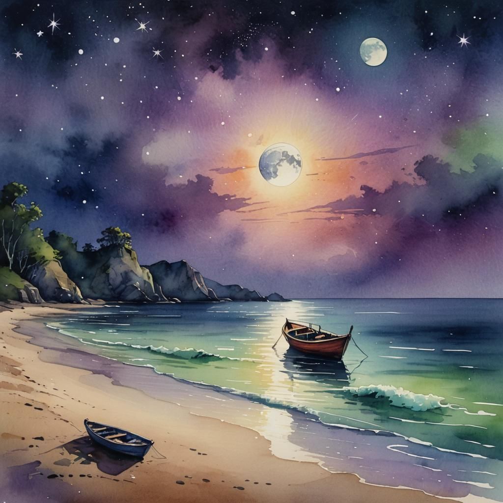 Watercolour art of sea scenery and little boat... moonlight 