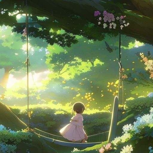 Floral Tire Swing in Studio Ghibli Style