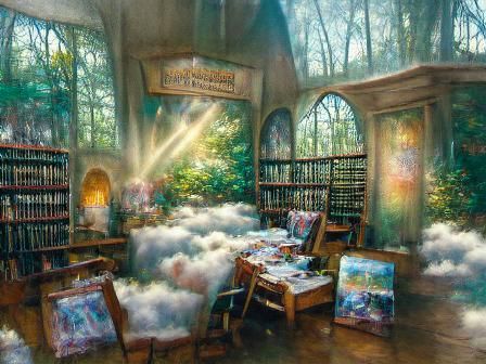 Forgotten library in an Enchanted Forest ethereal fantasy hy...