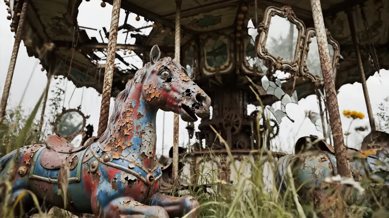 A rusted carousel horse standing within a dilapidated merry-go-round structure in an overgrown amusement park, its once-...