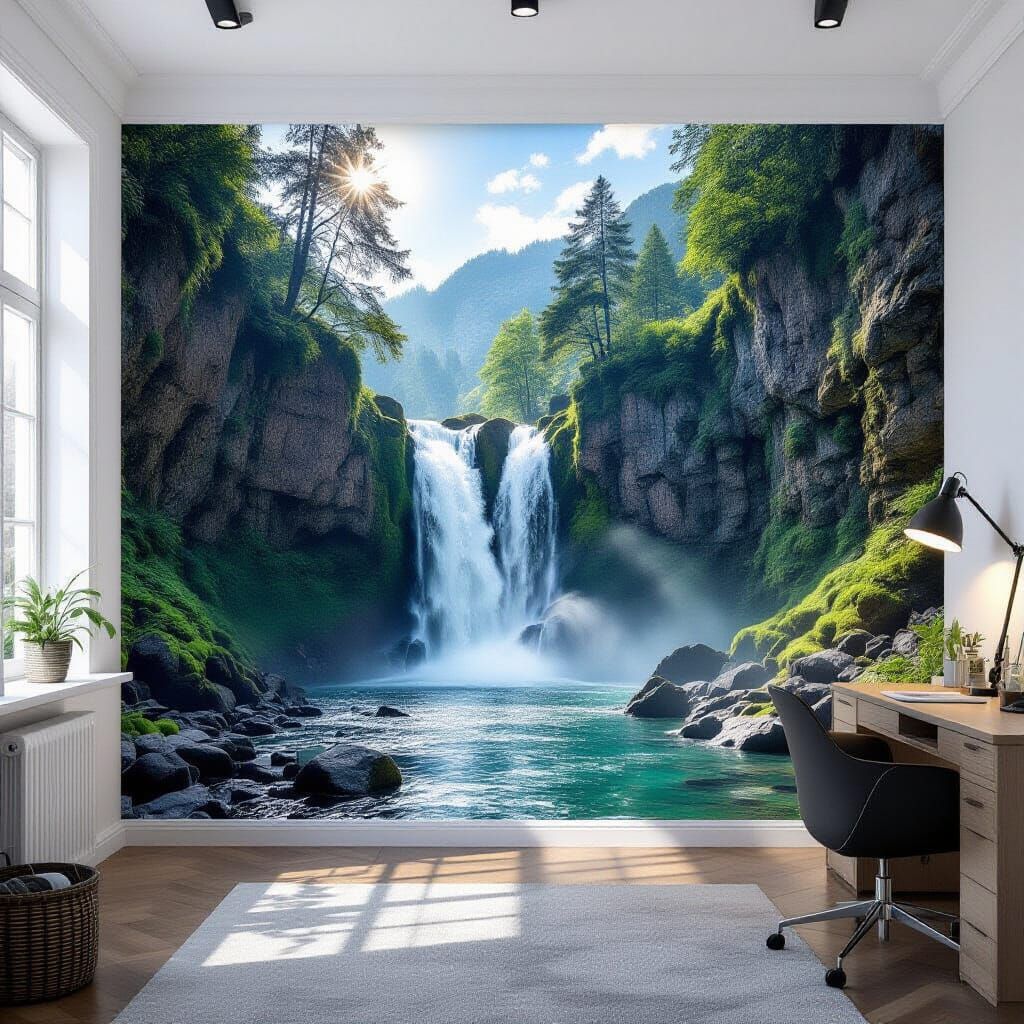 Hyperrealistic Waterfall Mural in Study Room