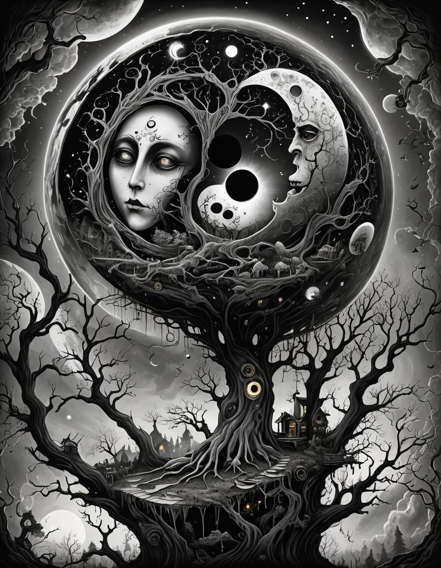 Whimsical sinister moon mask treehouse