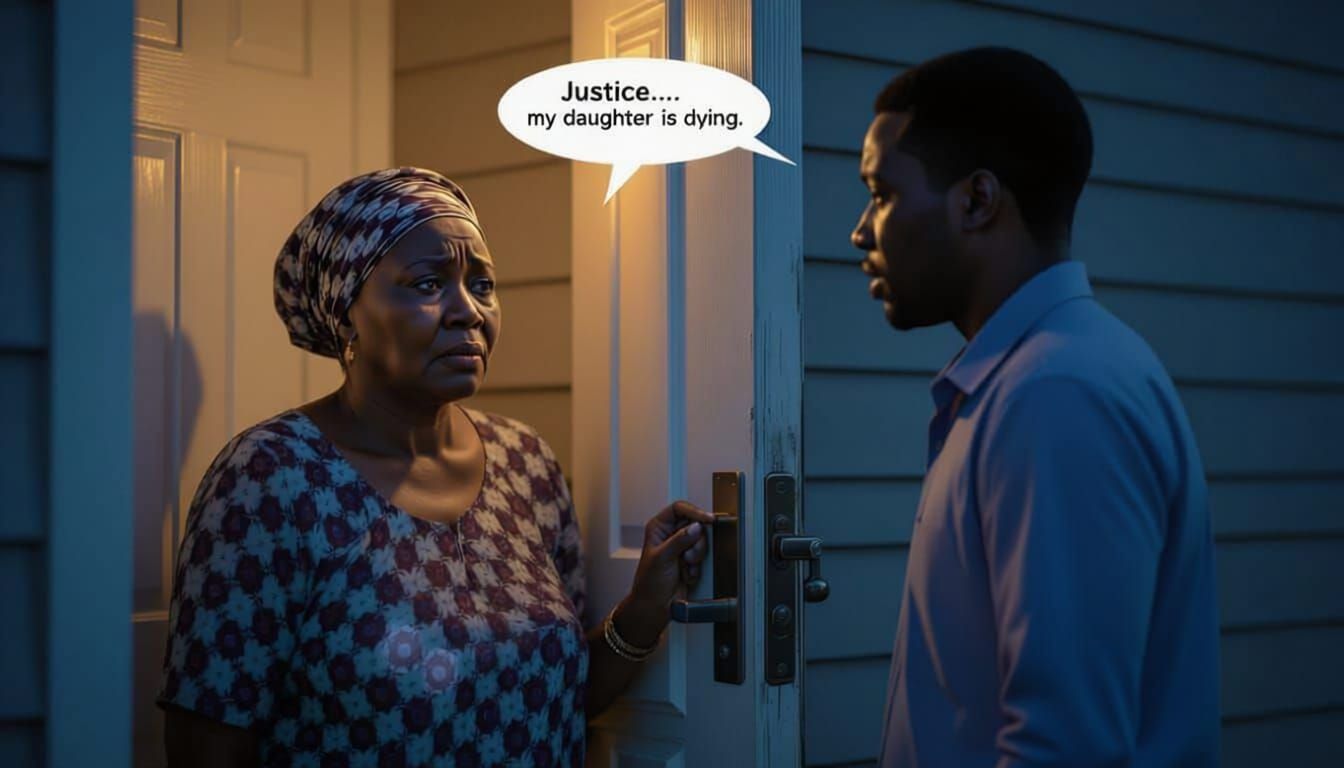 Realistic emotional scene at a small house entrance at night. A 60-year-old Nigerian woman (Mama Ngozi) opens the door. Her eyes are swollen...