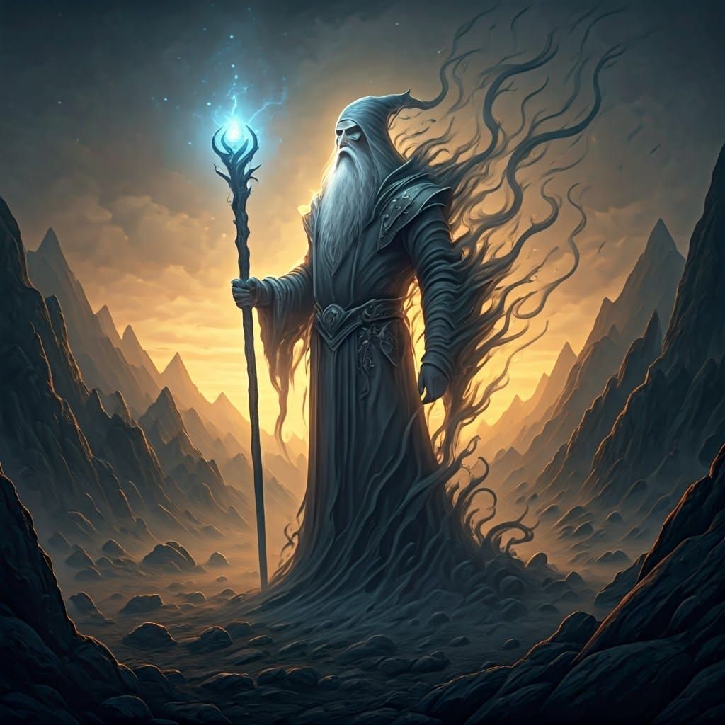 Ethereal Wizard in Mystical Fantasy Landscape
