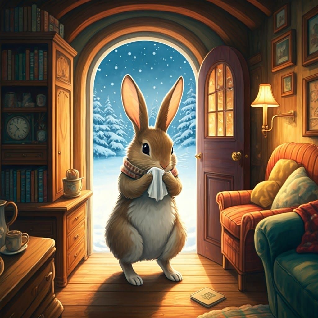 Warm Winter Wonderland Scene with Rabbit in Cozy Interior