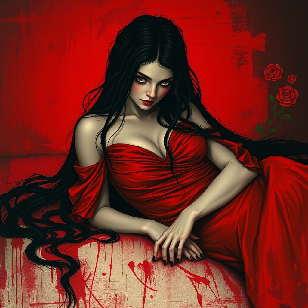 Mysterious Gothic Woman in Red Dress