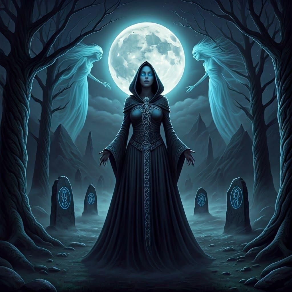 hauntingly beautiful scene under a full moon night sky. The Celtic deity, the Morrigan, stands tall, cloaked in dark, flowing garments, her...