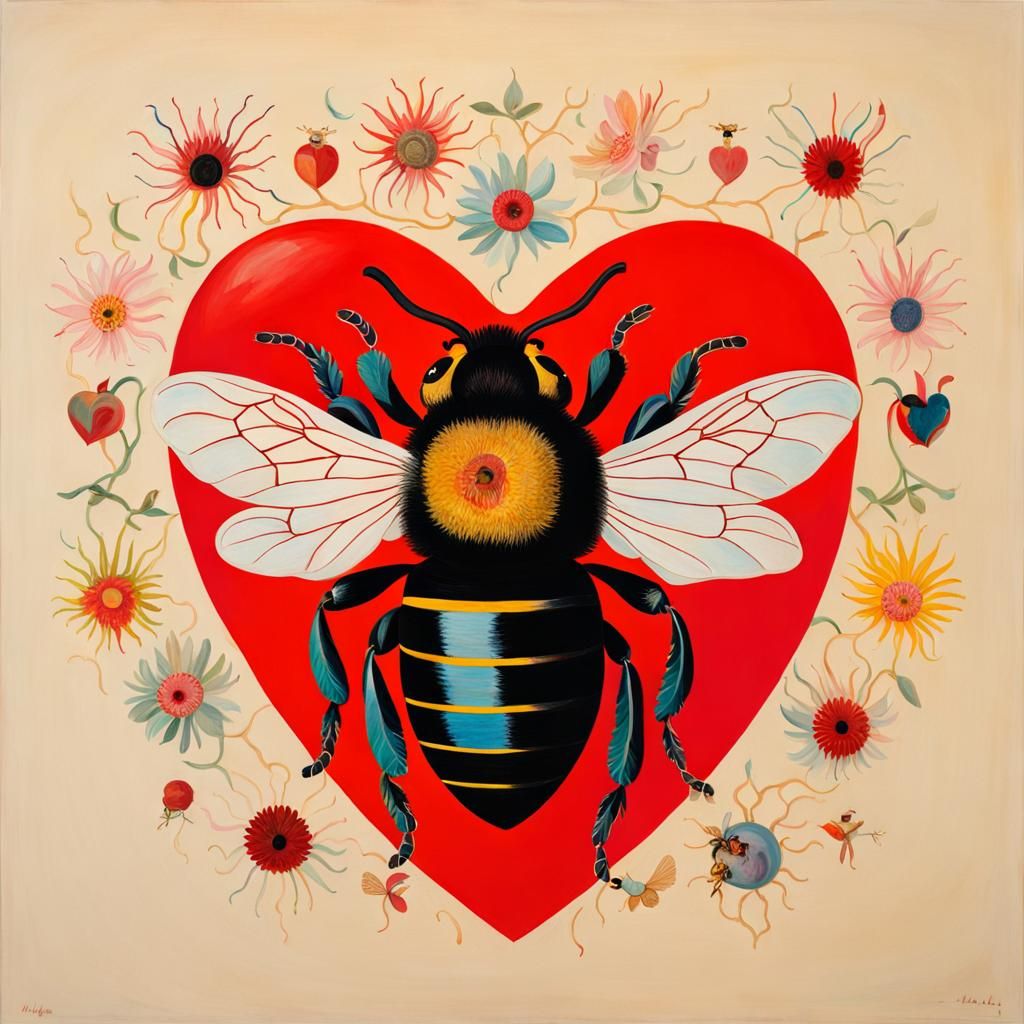 anatomical heart and buzzing bees, Hilma af Klint, Maria Lassnig, Frida Kahlo, macabre, bloody, triadic colors  by @daarling