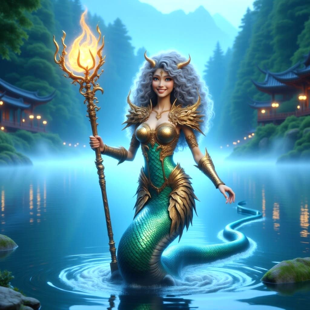 <lora:Hybrids:1.0> Asian masterpiece snake-mermaid curly hair, smiling lovely golden armored, textured pedipalps, on a lake with perfect re...