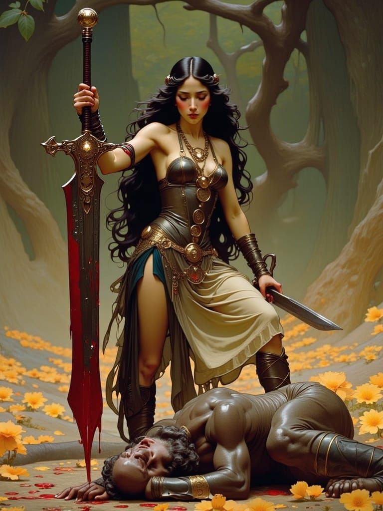 <lora:Art Nouveau Flux:1.0> beautiful muscled girl barbarian holding The head of an orc in one hand and a bloody ORNATE sword In the other h...
