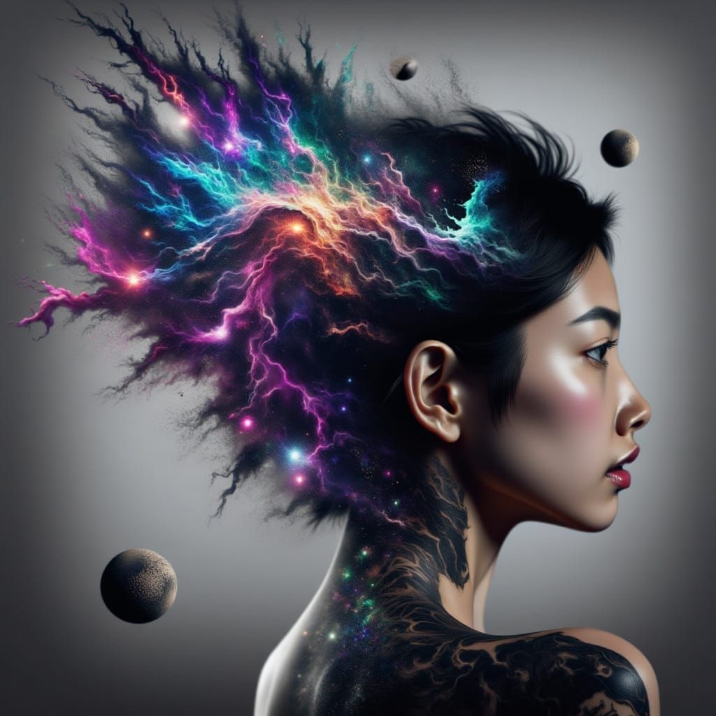 A woman made up of the swirling mist of nebulae, freckled with stars, her eyes are singularities. Planets and moon's float around her. Vivid...