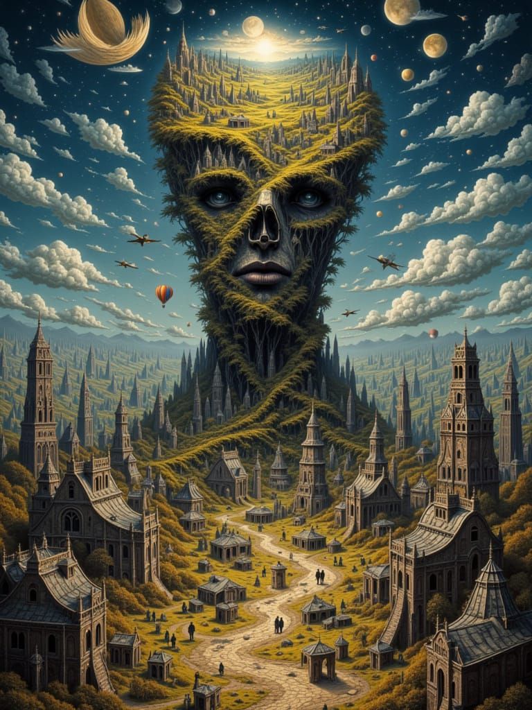 <lora:GullyFlux:1.0> uncanny surrealism of knowing too much, so much my brain exploded into a thousand civilisations leaping forth from the...