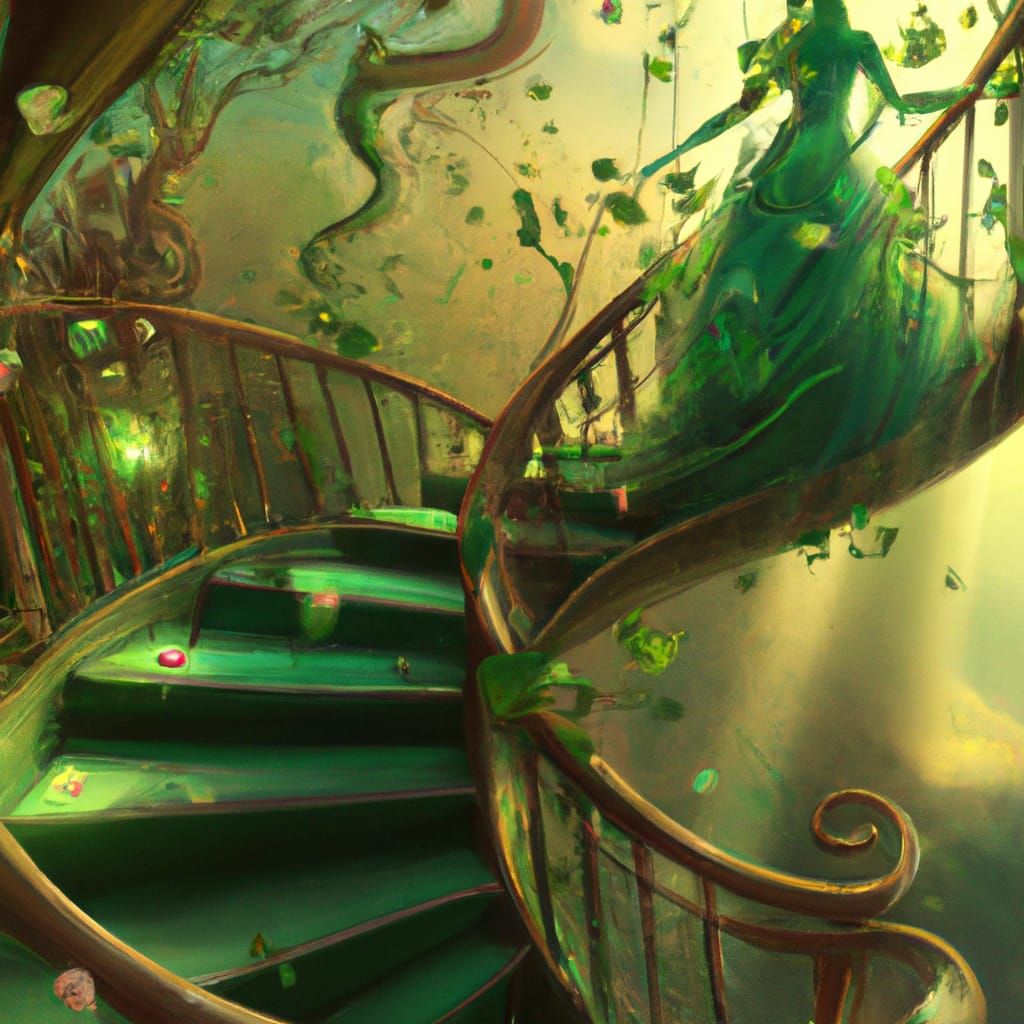 Dryad in a green dress walking down a vine covered staircase...