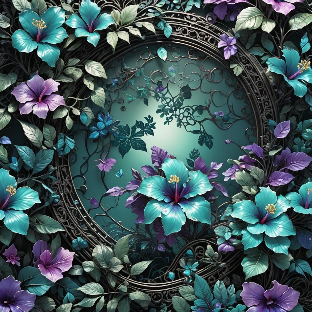 Iridescent Filigree jungle portal blue teal mint black purpl...