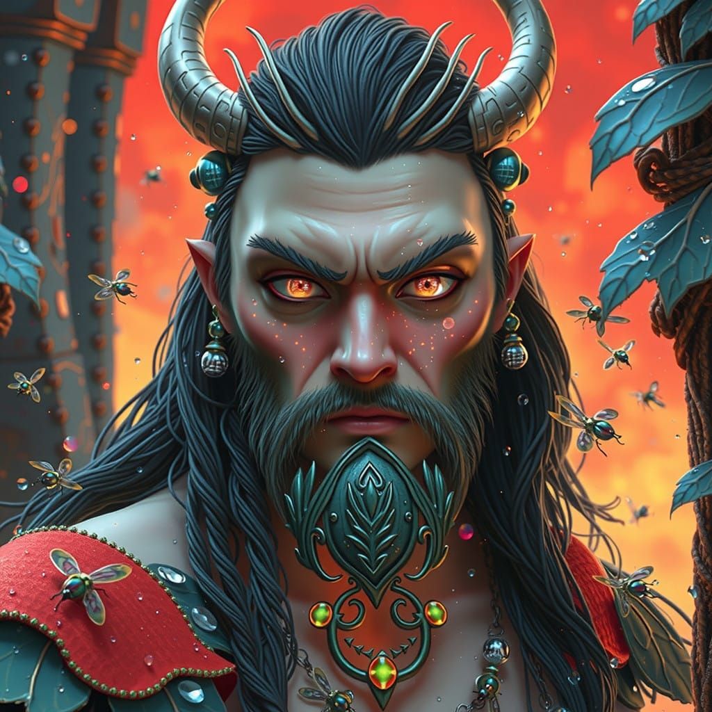 Beautiful snowglobe Digital anime 3d. Medium shot. An anthropomorphic firefly with iridescent wings and a flowing cape stands amidst a swarm...