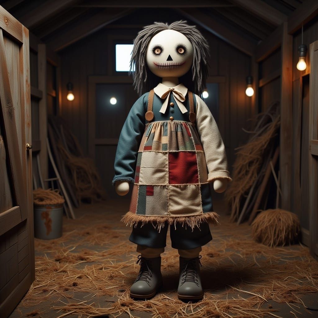 <lora:Ragdoll:1.0>a horror style ragdoll made out of silk, burlap, quilt, and yarn. Folk art style. Gothic horror theme. Standing in a haun...