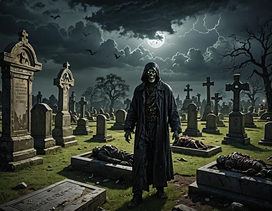 zombies rising from graves in graveyard 