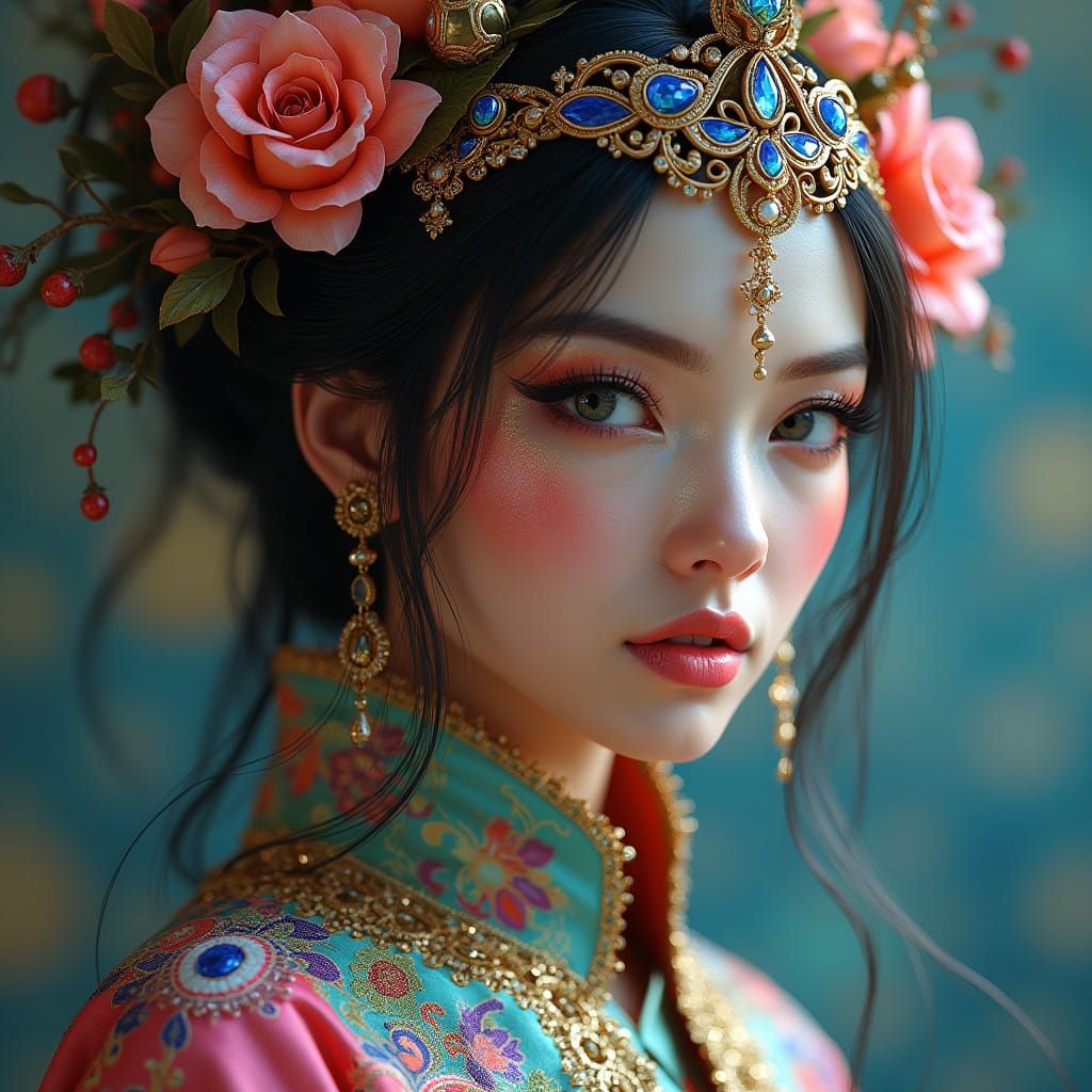 Hyperrealistic portrait of a beautiful woman wearing intricately detailed colorful clothing and futuristic jewellery.