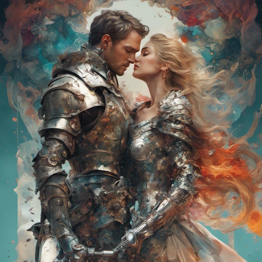 A knight in armor romancing a beautiful woman