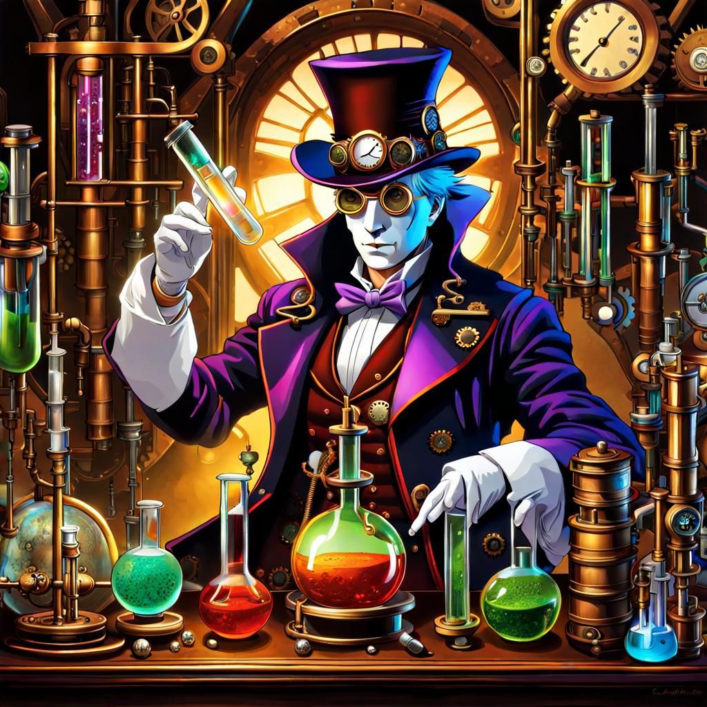 steampunk Shinigami alchemist  with test tubes and science e...