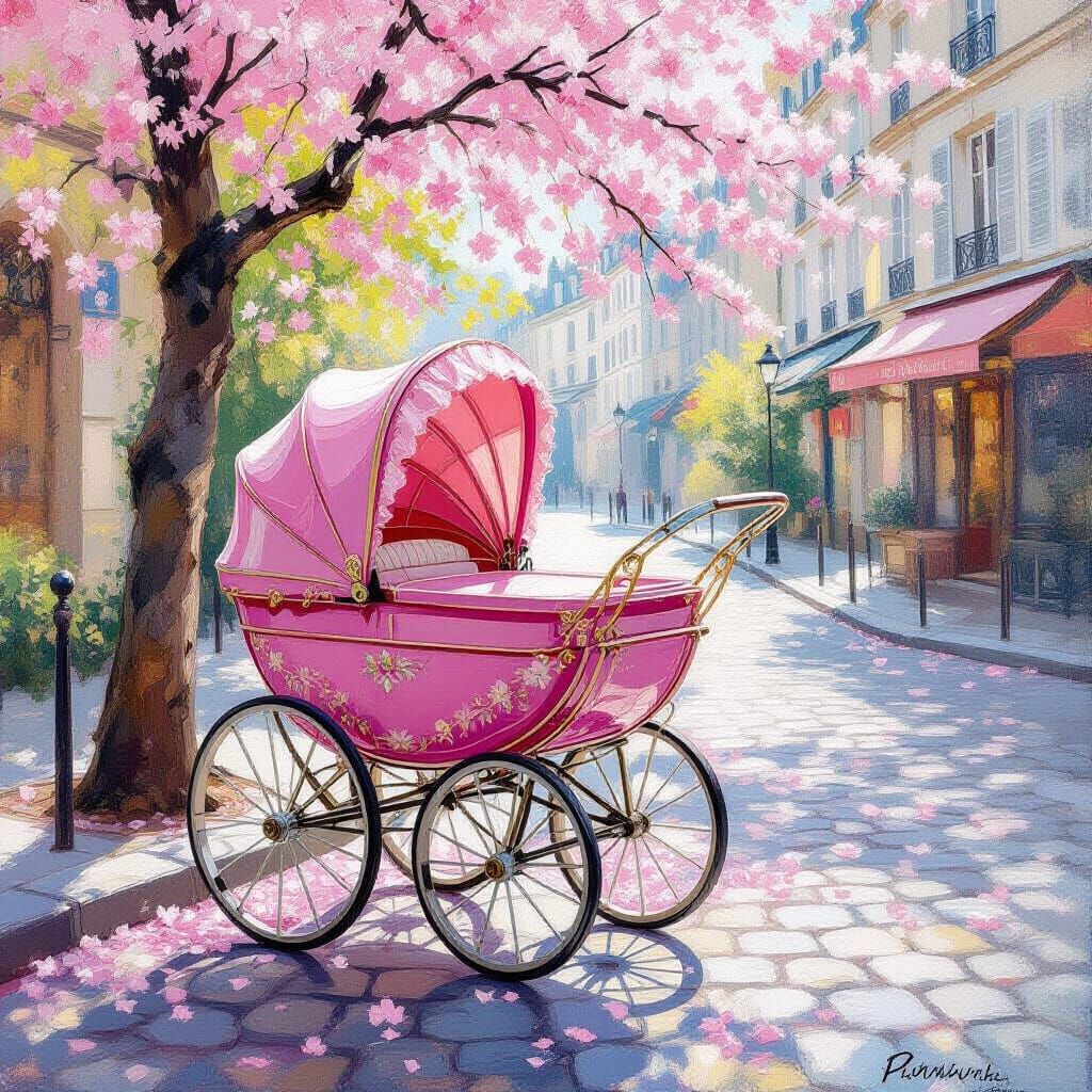 Romantic Pink Baby Carriage in Paris Oil Painting