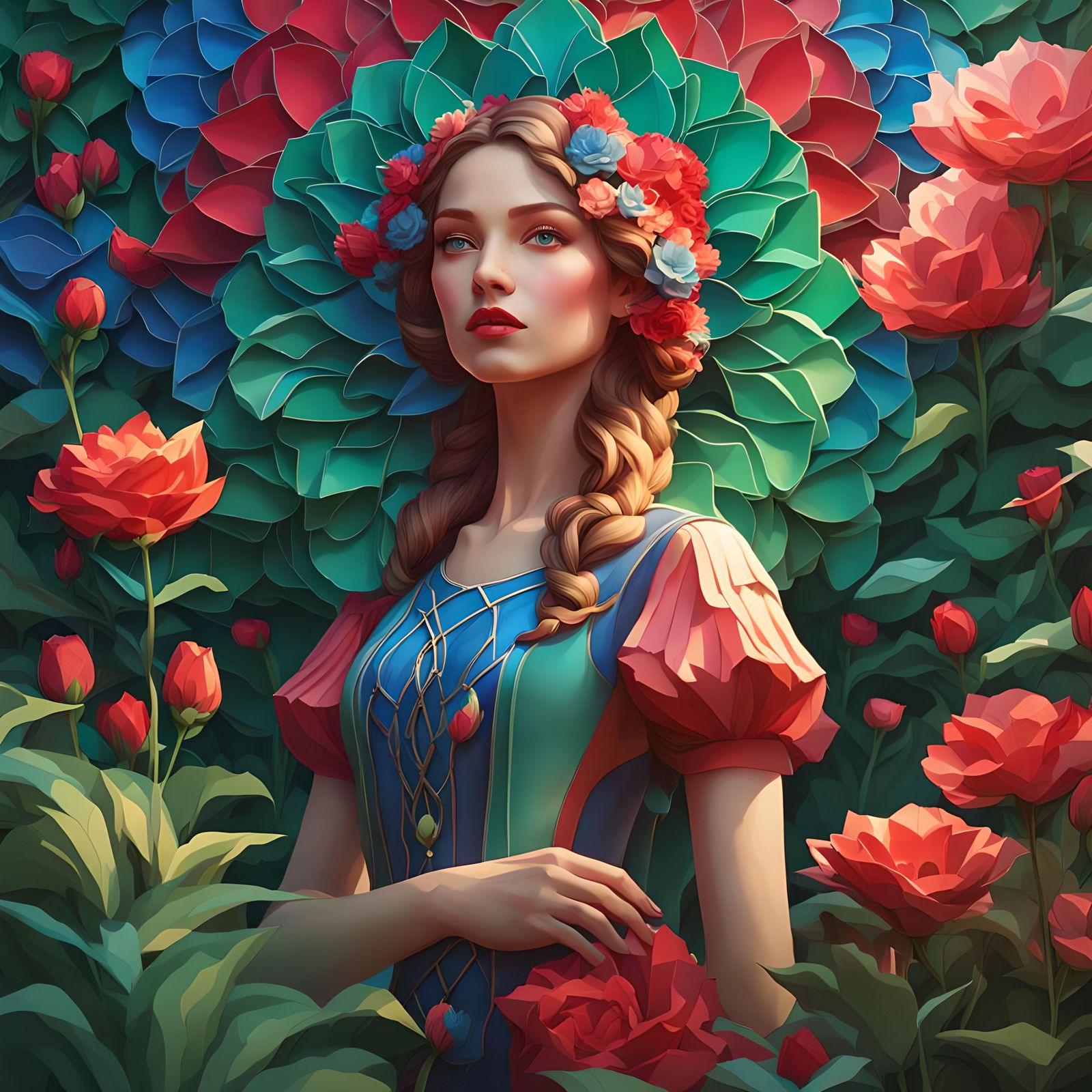 a graceful woman in a garden with ruby, sapphire, emerald bl...
