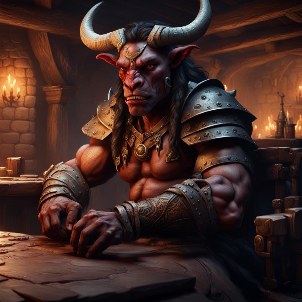 a minotaur warrior with scars across his face sitting in an inn, dungeons and dragons, detailed matte painting, deep col...